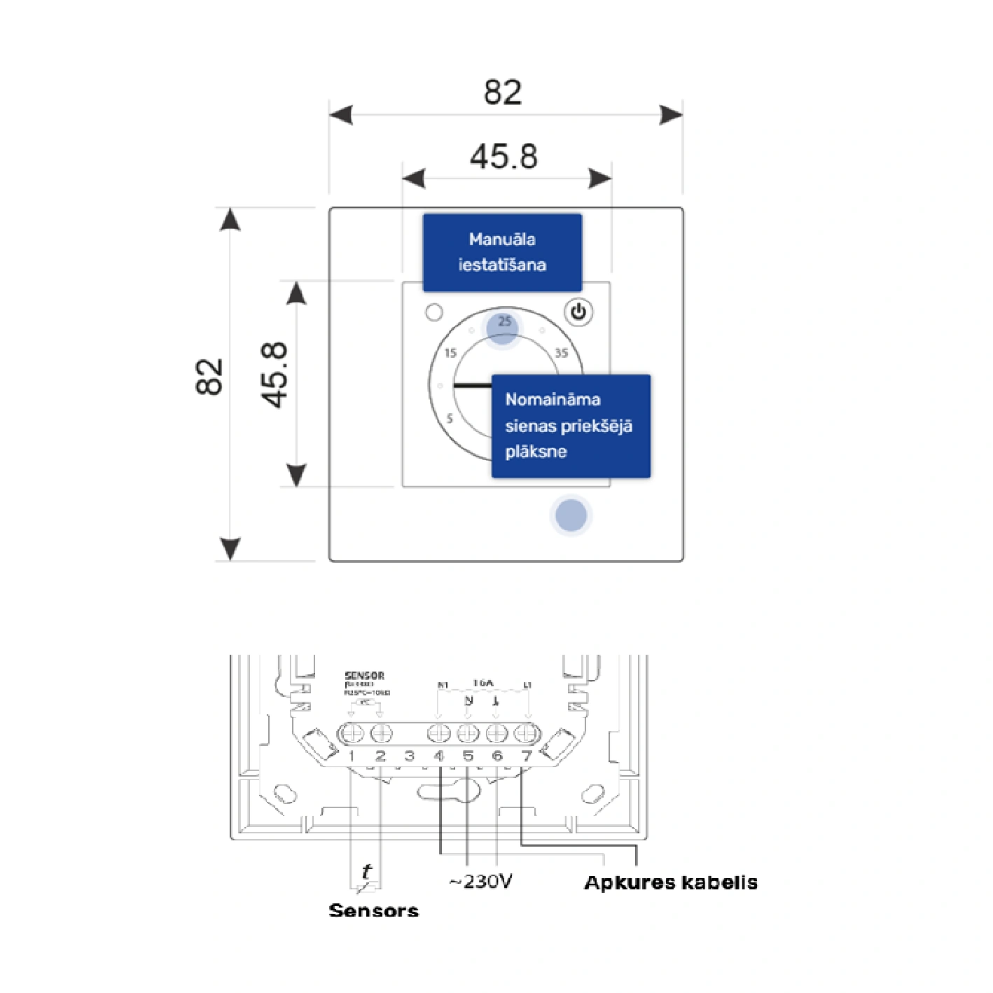 Elektroniskais termoregulators, 3600W, 16A, IP20, melns