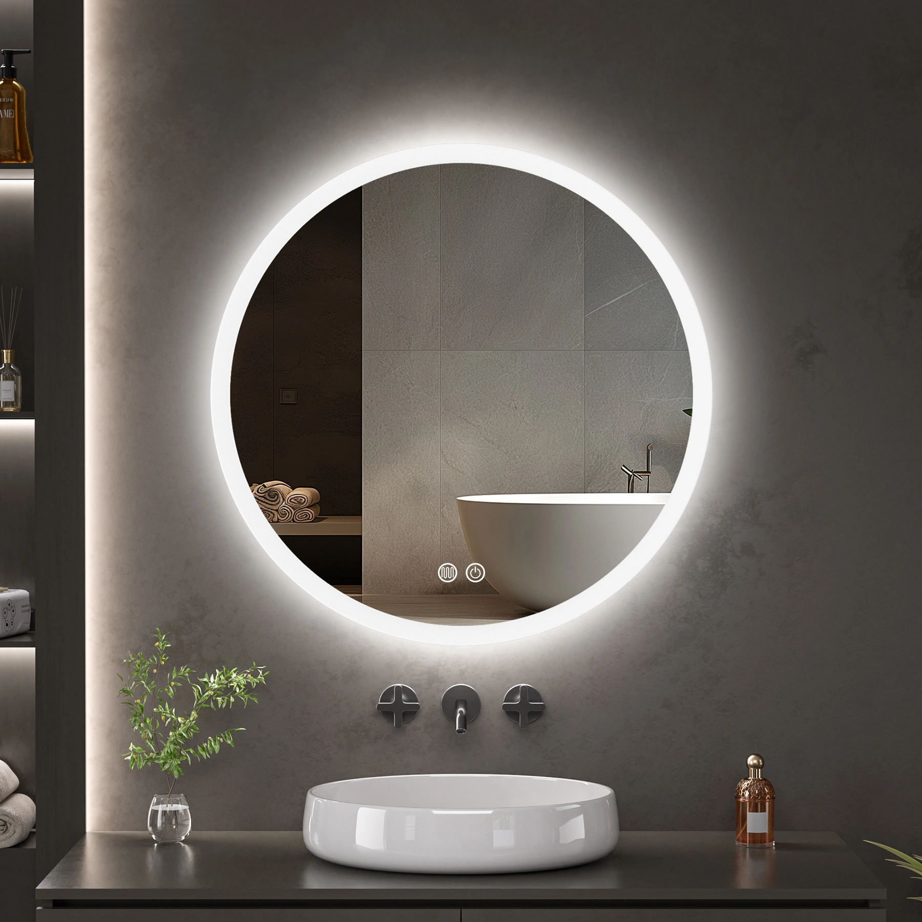 LED spogulis ar apsildes funkciju ETERNA, Ø 80 cm, 2700-6500K, 18W, 1980Lm, IP44